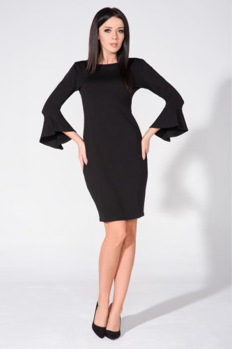 Elegancka Sukienka z Falbaną w Rękawach Czarna TE161