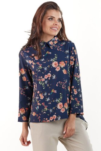 Koszula z Przedłużonym tyłem Granatowa w Kwiaty AW213