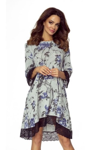 Romantyczna Sukienka z Koronkowym Wykończeniem Szara Kwiaty BE101-07