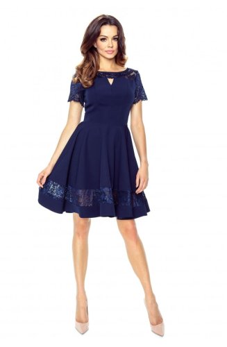 Elegancka Sukienka z Koronkami Granatowa BE59-02