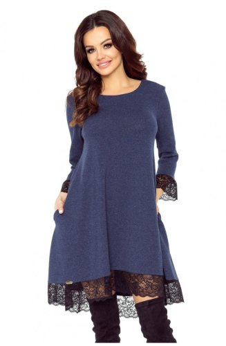 Romantyczna Sukienka z Koronkowym Wykończeniem Granatowa BE101-04