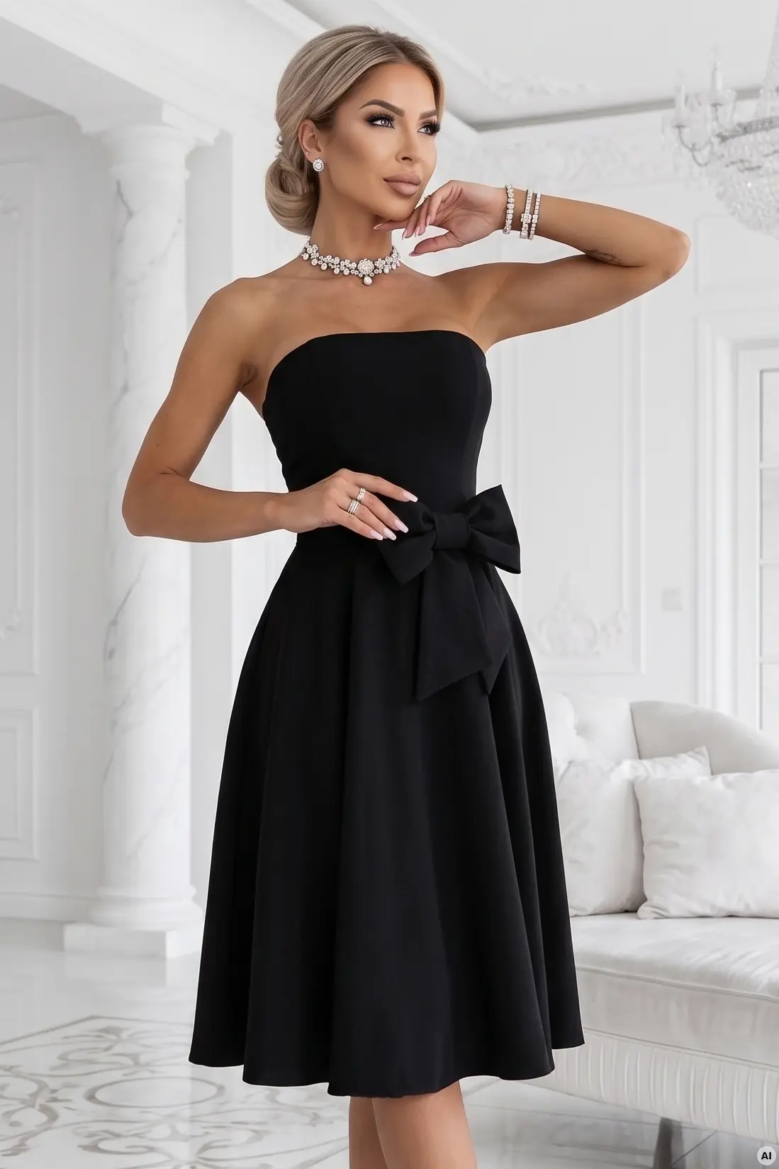 elegancka gorsetowa sukienka midi bez ramiączek z kokardą - czarna