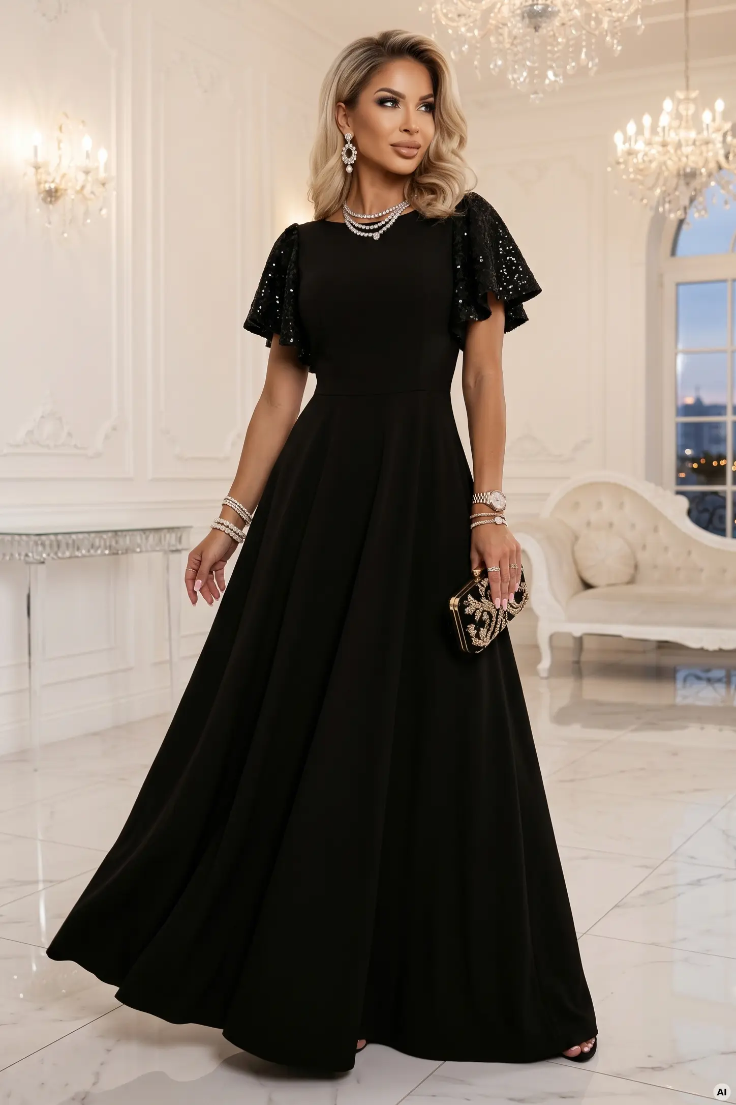Elegancka rozkloszowana sukienka maxi z cekinowymi rękawkami - czarna