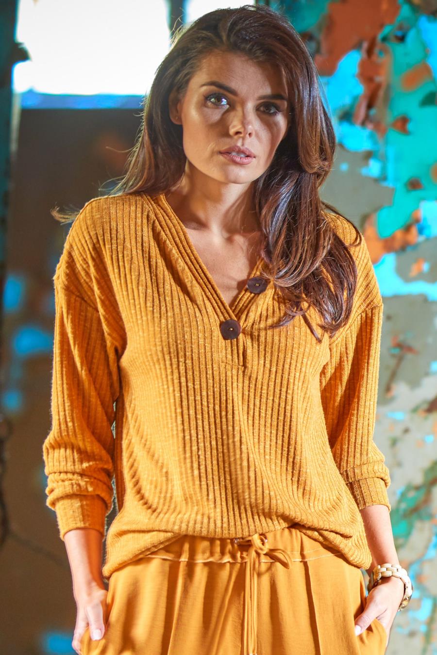 sweter, a323, dekoltem, guziki, camel, damski, sklep, online