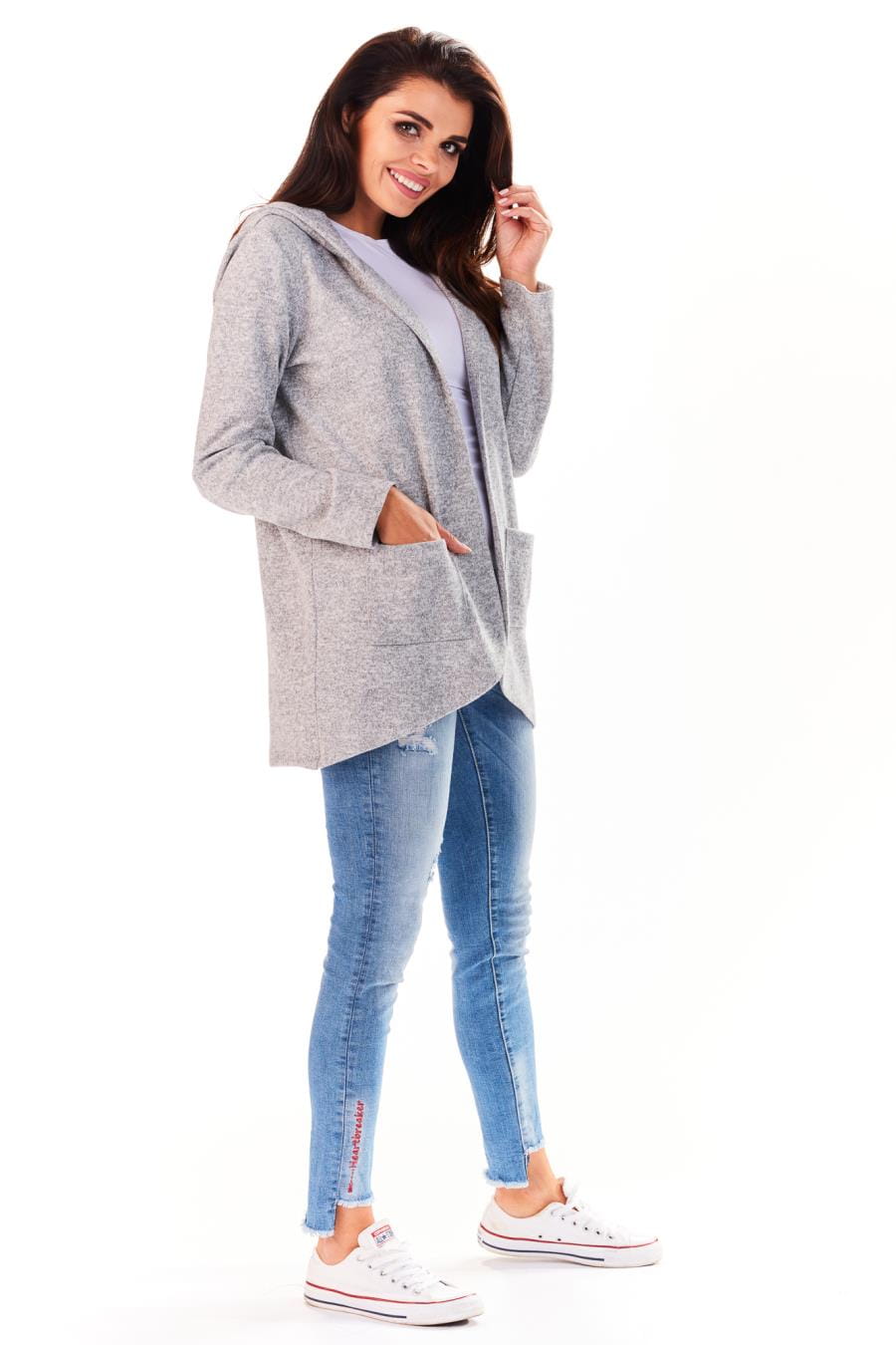 modne, sweterki, młodzieżowe, szare, kapturem, sklep, online