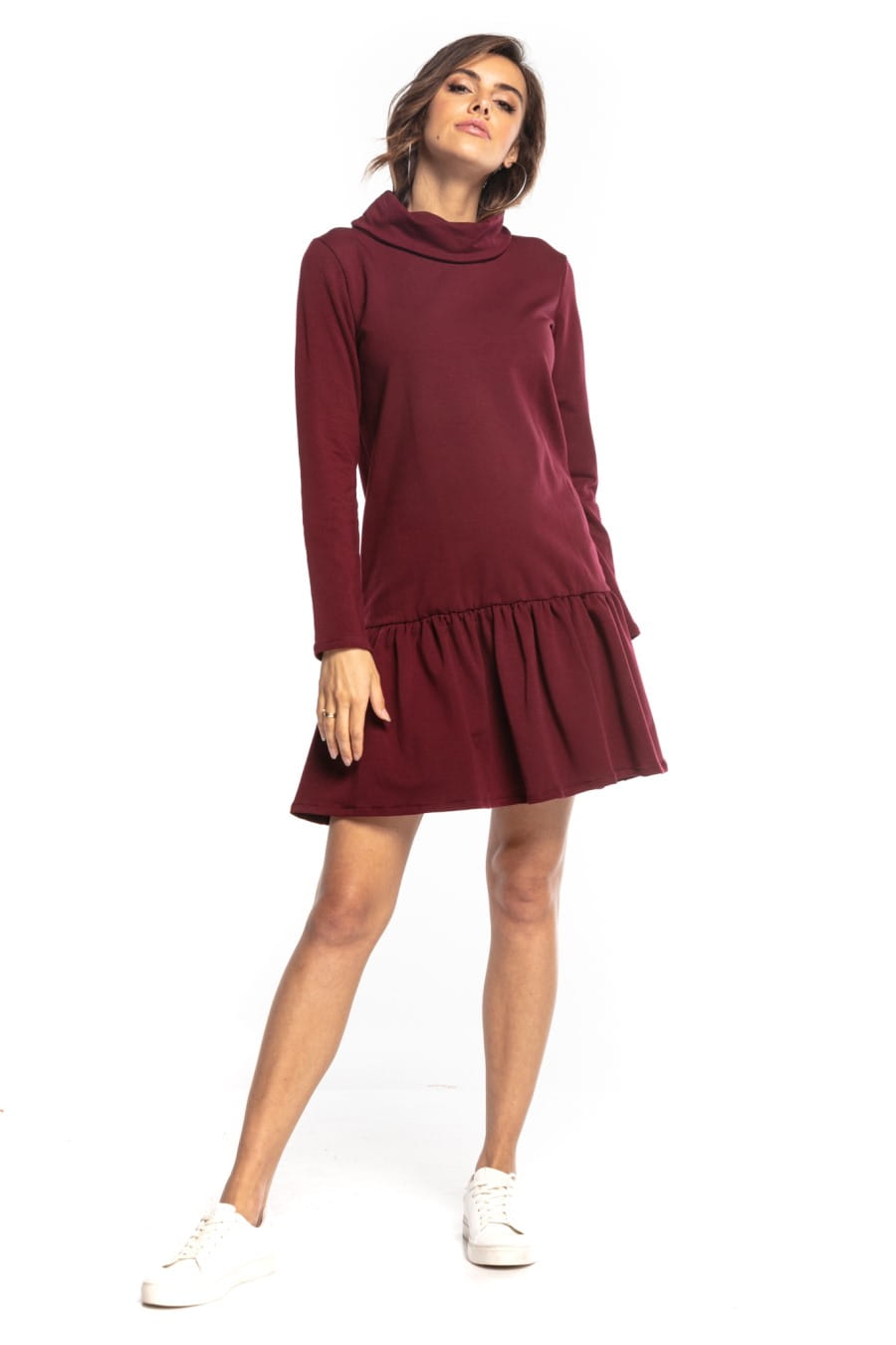 Dress - T356-bordo-sukienka-dresowa-wygodna-golfem-falbanką.jpg
