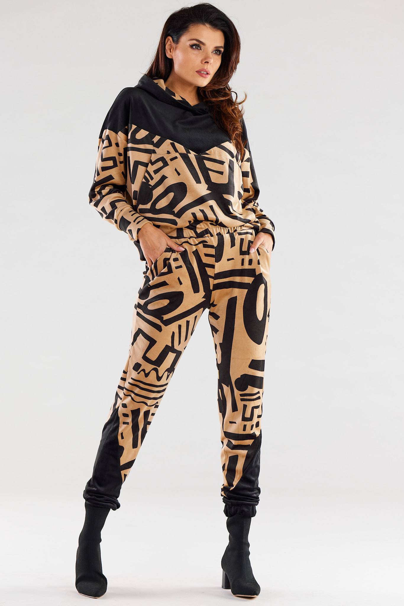 Spodnie A482 beige-black pattern-1 8800  | 1020-Beige-Black pattern-S