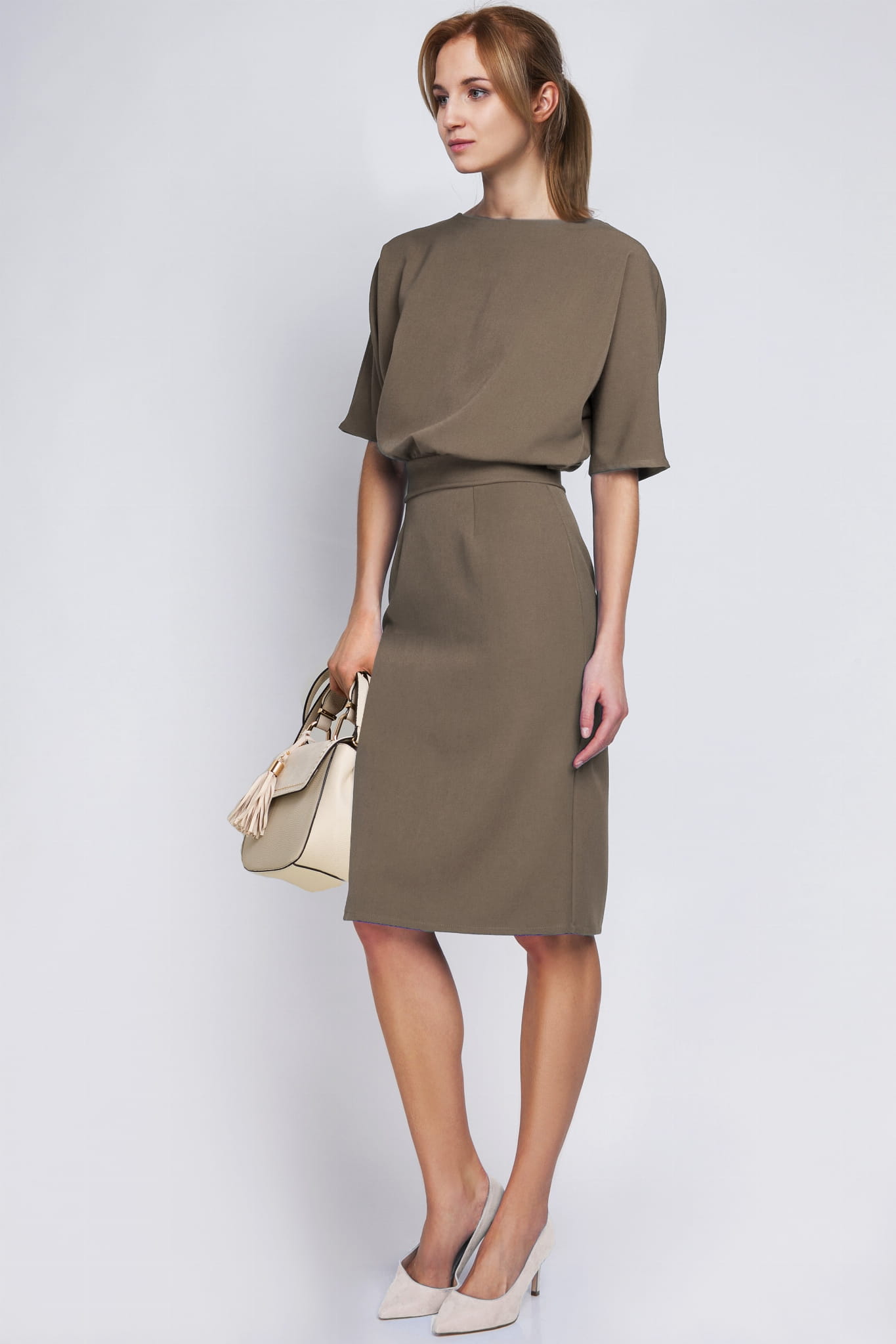 Sukienka dopasowana dołem, SUK123 khaki-1 3122