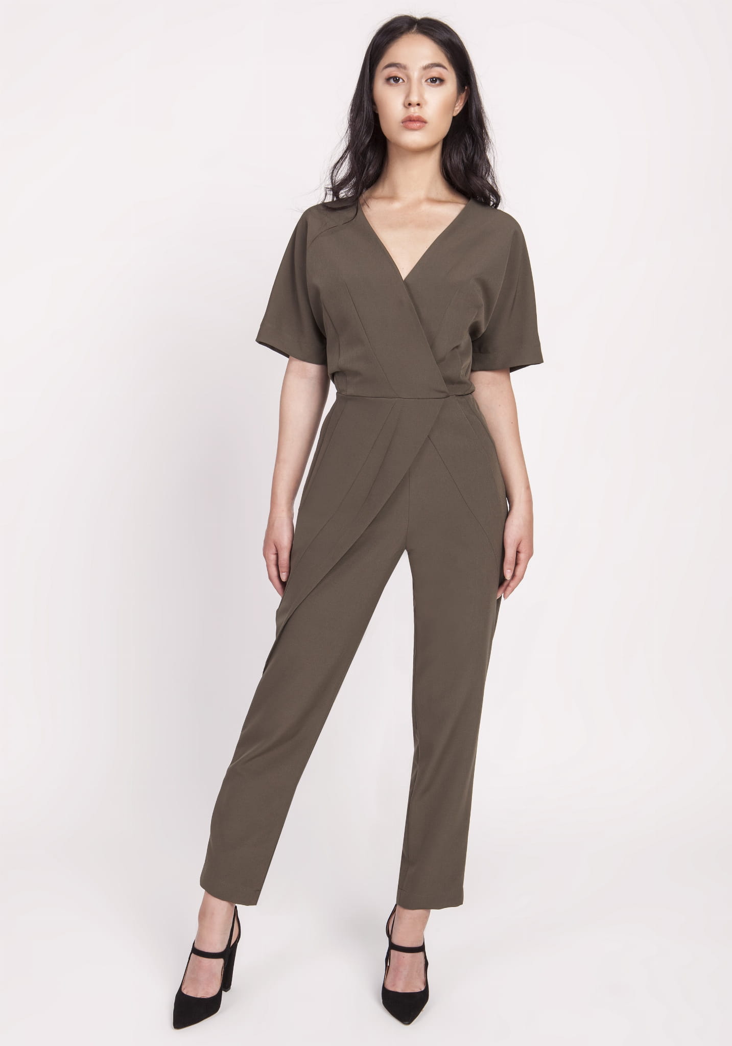 Kombinezon damski z ozdobnymi zakładkami, KB115 khaki-1 10410
