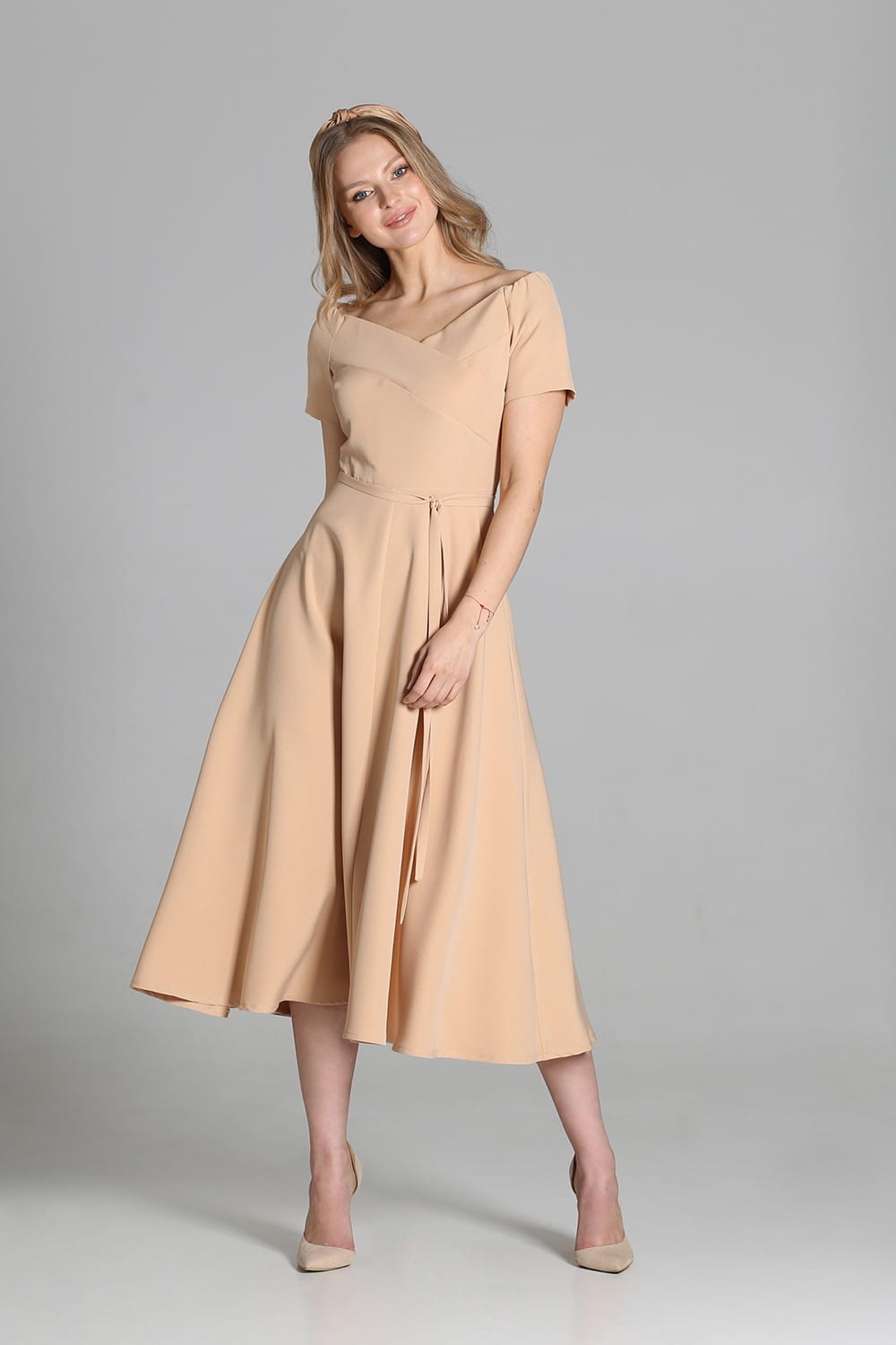 Sukienka trapezowa midi, SUK181 beż-1 6942