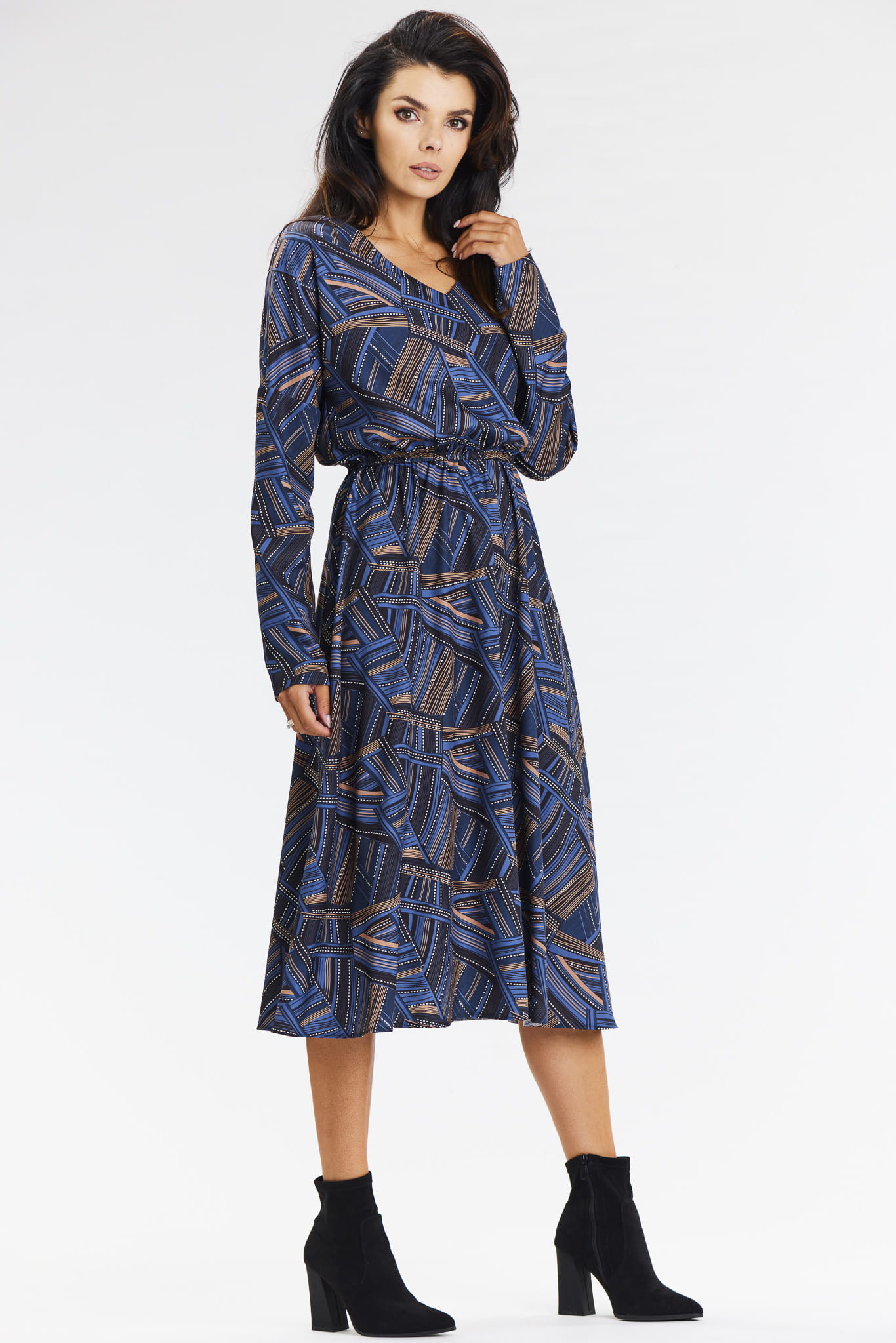 Sukienka A666 navy-brown pattern-2 10818  | 15553-Navy-Brown pattern-L