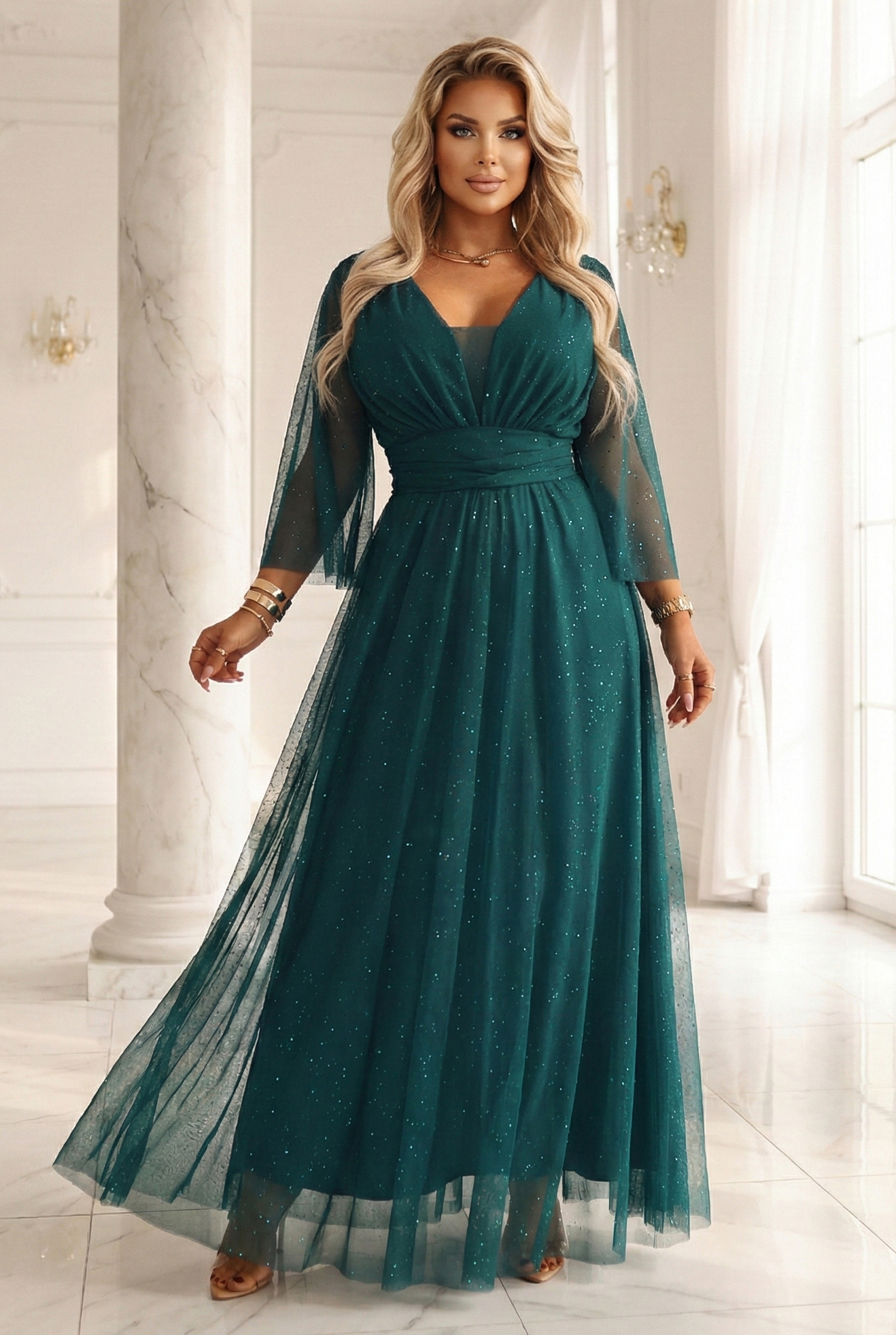 654-1 Długa połyskująca sukienka plus size z dekoltem i transparentnym rękawkiem - zieleń butelkowa-1 11745 