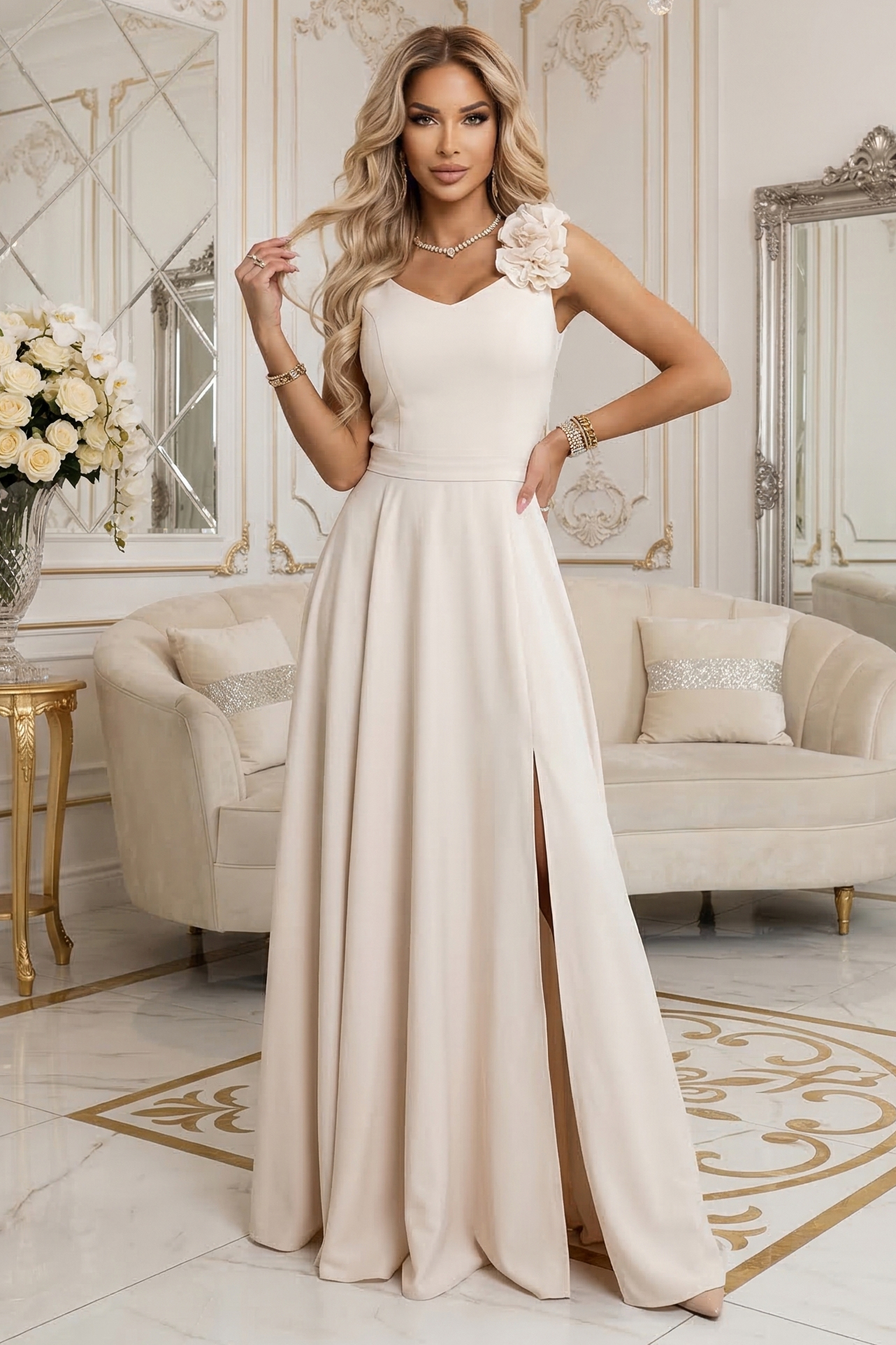 643-3 Elegancka wieczorowa suknia maxi z rozcięciem i różami - beżowa-1 11844 