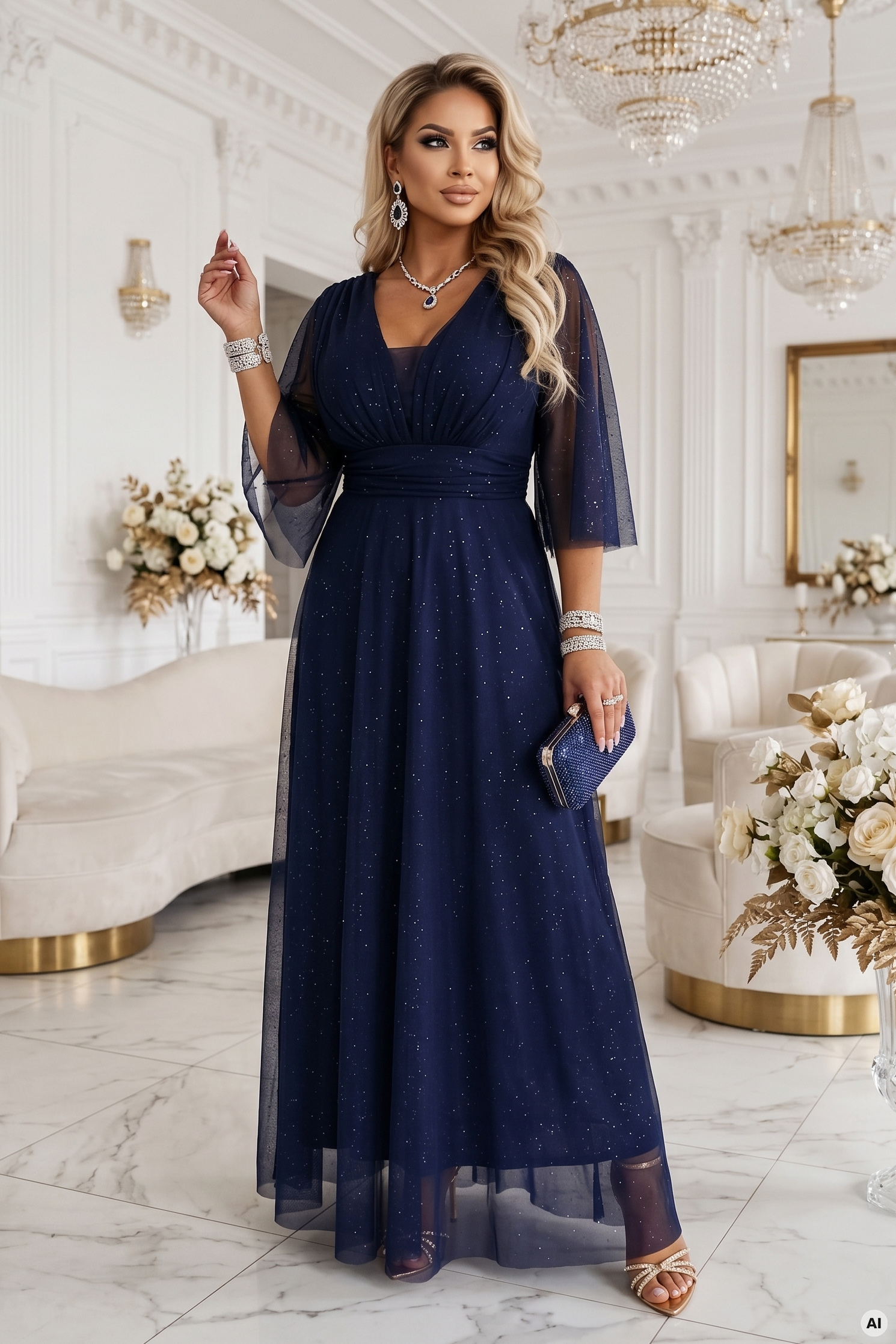 654-7 Długa połyskująca sukienka plus size z dekoltem i transparentnym rękawkiem - granatowa-1 12056 
