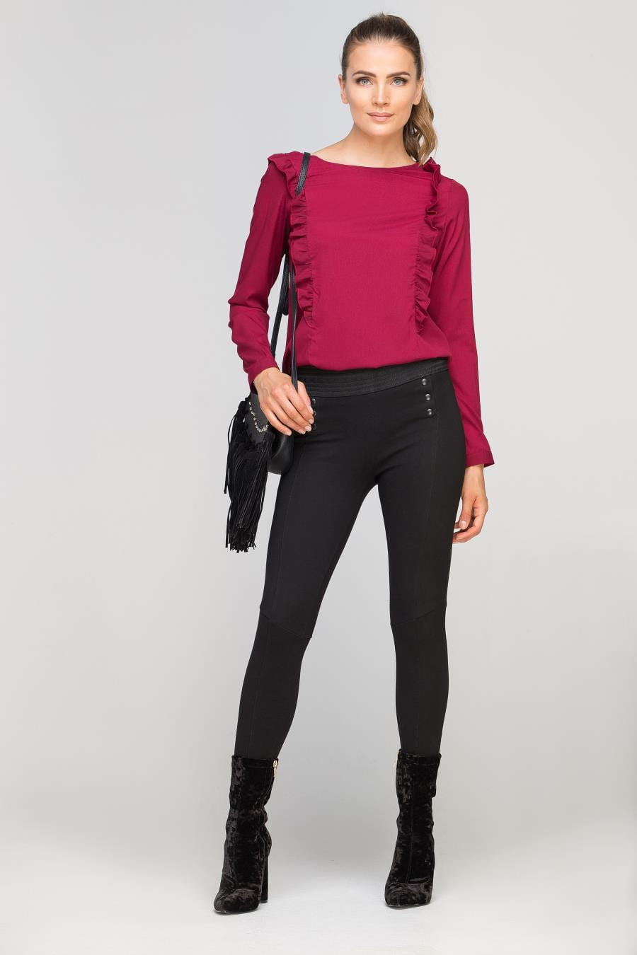 bluzka, damska, bordowa, sklep, besima, online, falbanami